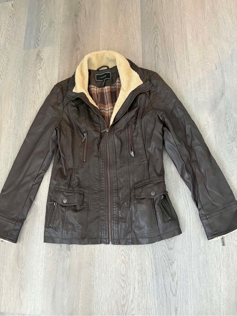 Le Château Faux Leather Sherpa Collar Jacket Boho Utilitycore Academia Chocolate - Picture 2 of 5